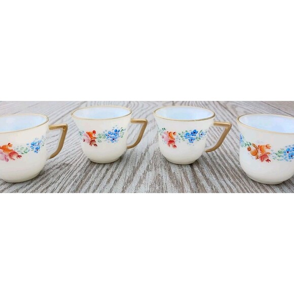 VTG Set of 4 Iridescent French Milk Glass Teacups Gold Trim Hand Painted Floral - Picture 5 of 8